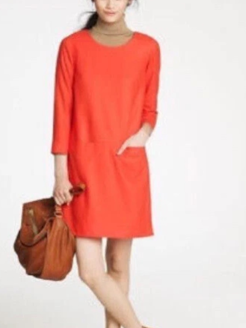 Women's Orange Shift Dress - Sleek Pocket Detail
